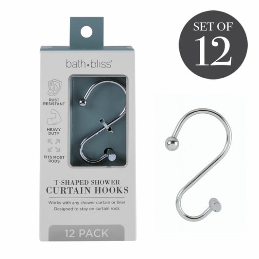 12Pc Chrome Metal Shower Curtain Hooks T Shaped Design