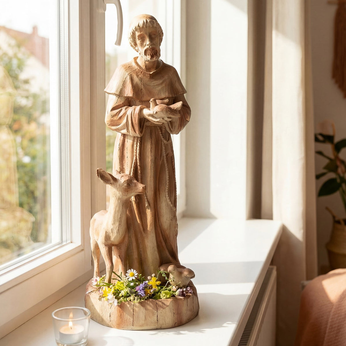 24.5 inch St. Francis Statue with Bird Feeder Saint Francis of Assisi with Animals Sculpture