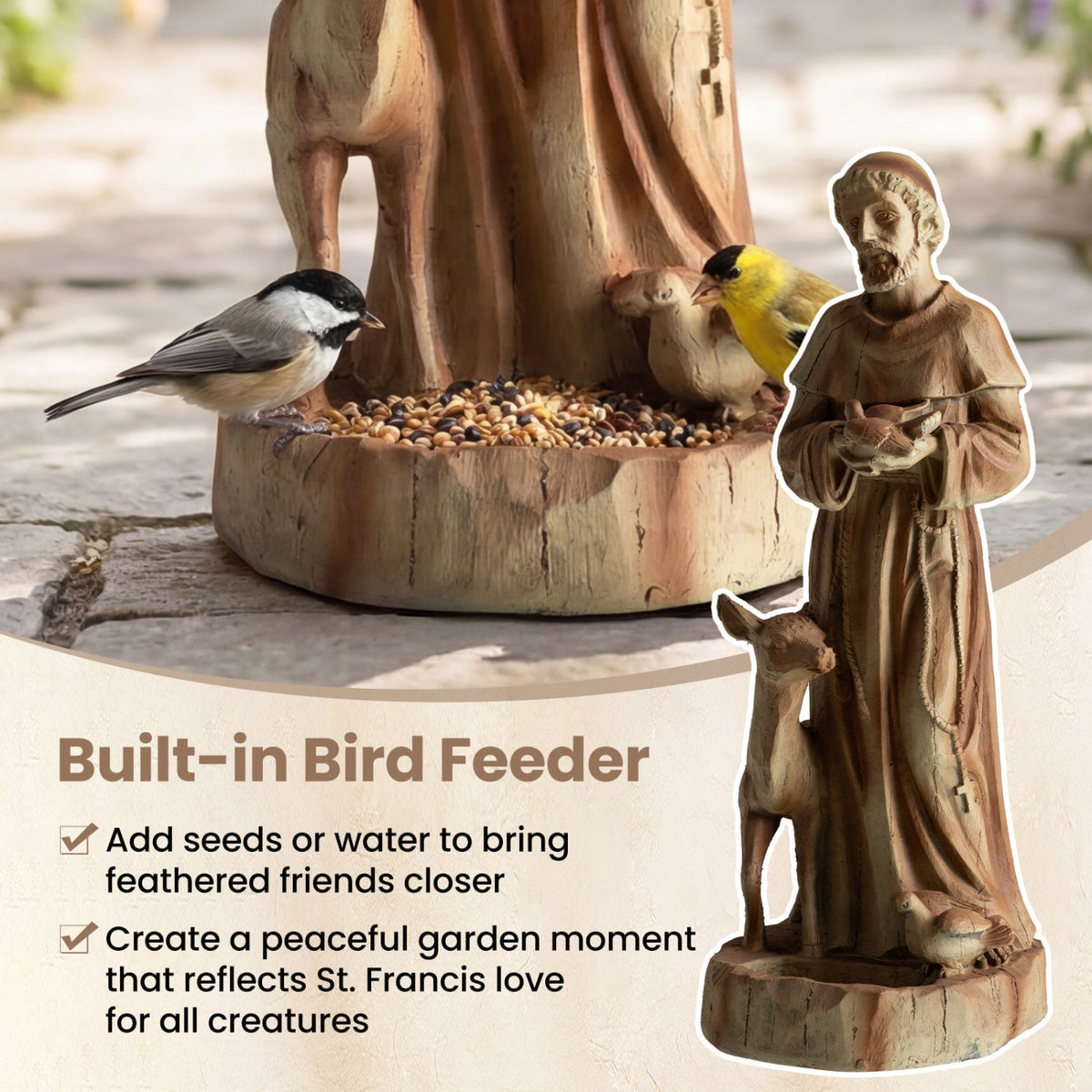 24.5 inch St. Francis Statue with Bird Feeder Saint Francis of Assisi with Animals Sculpture