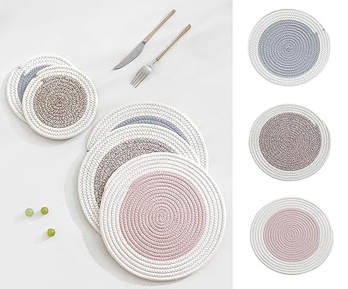 Fennco Styles Hand Braided Reversible Two-Tone Cotton Blend Placemats 12" Round, Set of 4 - Pink Woven Texture Heat Resistant Insulation Table Mats for Home, Kitchen Décor, Dining Table and Holidays