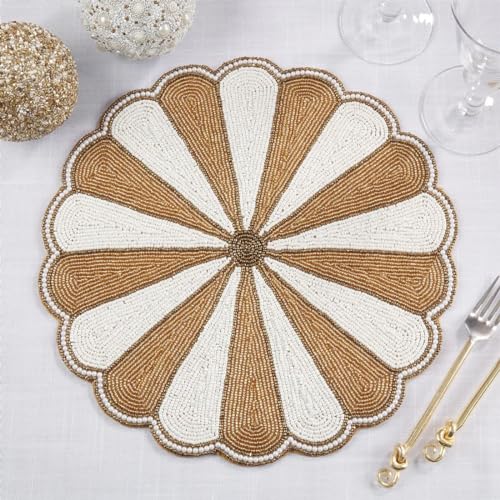 Fennco Style Unique Beaded Pinwheel Holiday Placemat 14" Round, 1-Piece - Black & White Sparkly Table Mat for Home Décor, Christmas, Family Gatherings and Special Events