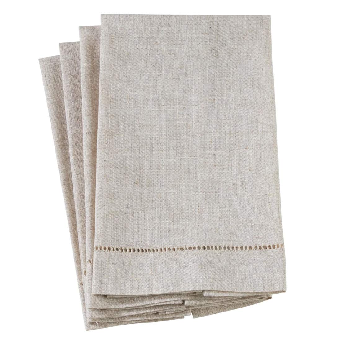Fennco Styles Hemstitch Design Linen-Poly Guest Towels 14x22 Inch, Set of 4 – Natural Modern Hand Towels for Bathroom Decor, Bar Accessories, Wedding Gifts