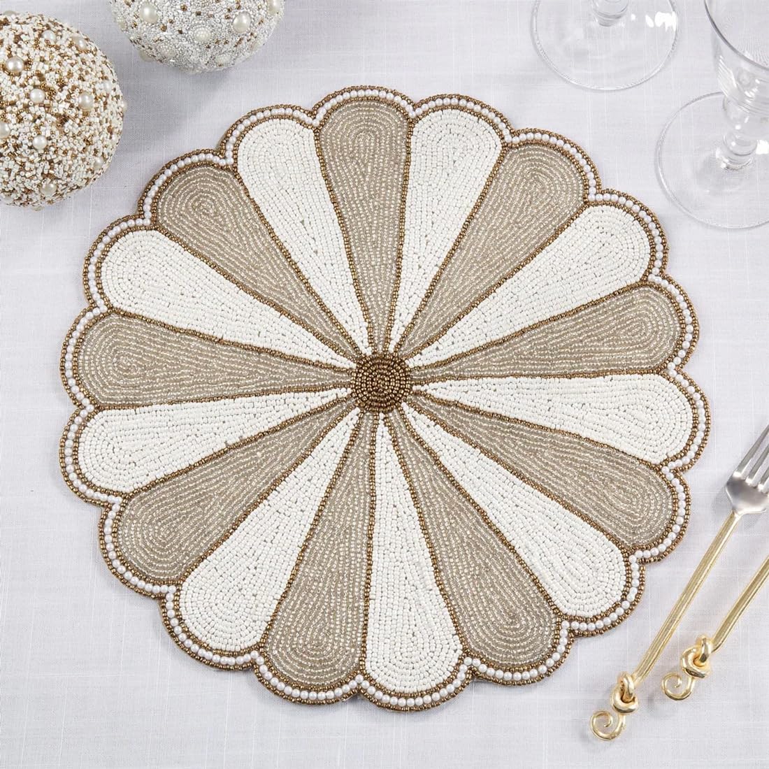 Fennco Style Unique Beaded Pinwheel Holiday Placemat 14" Round, 1-Piece - Black & White Sparkly Table Mat for Home Décor, Christmas, Family Gatherings and Special Events