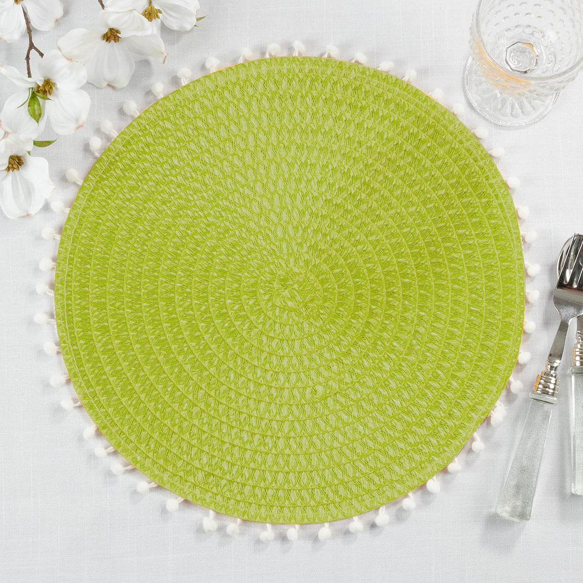 Fennco Styles Pom Pom Textured Placemats 15 Inches Round, Set of 4 – Modern Traycloth Table Mats for Home, Dining Room Décor, Banquets, Indoor & Outdoor and Special Events
