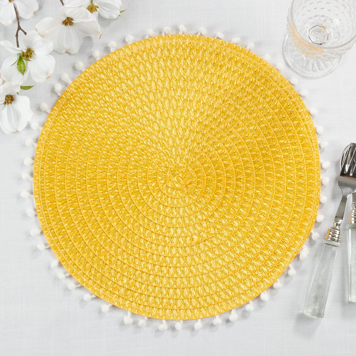 Fennco Styles Pom Pom Textured Placemats 15 Inches Round, Set of 4 – Modern Traycloth Table Mats for Home, Dining Room Décor, Banquets, Indoor & Outdoor and Special Events
