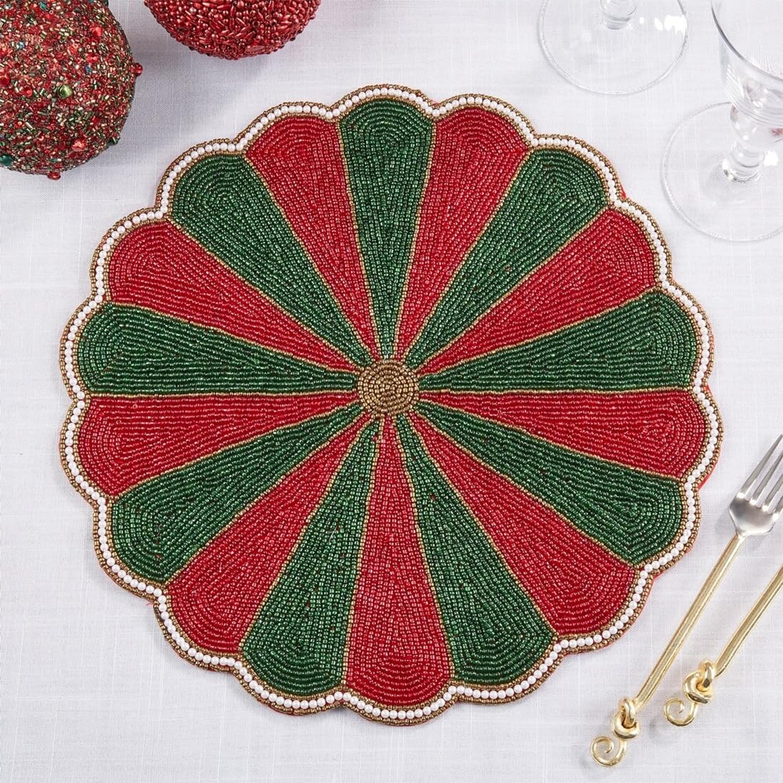 Fennco Style Unique Beaded Pinwheel Holiday Placemat 14" Round, 1-Piece - Black & White Sparkly Table Mat for Home Décor, Christmas, Family Gatherings and Special Events