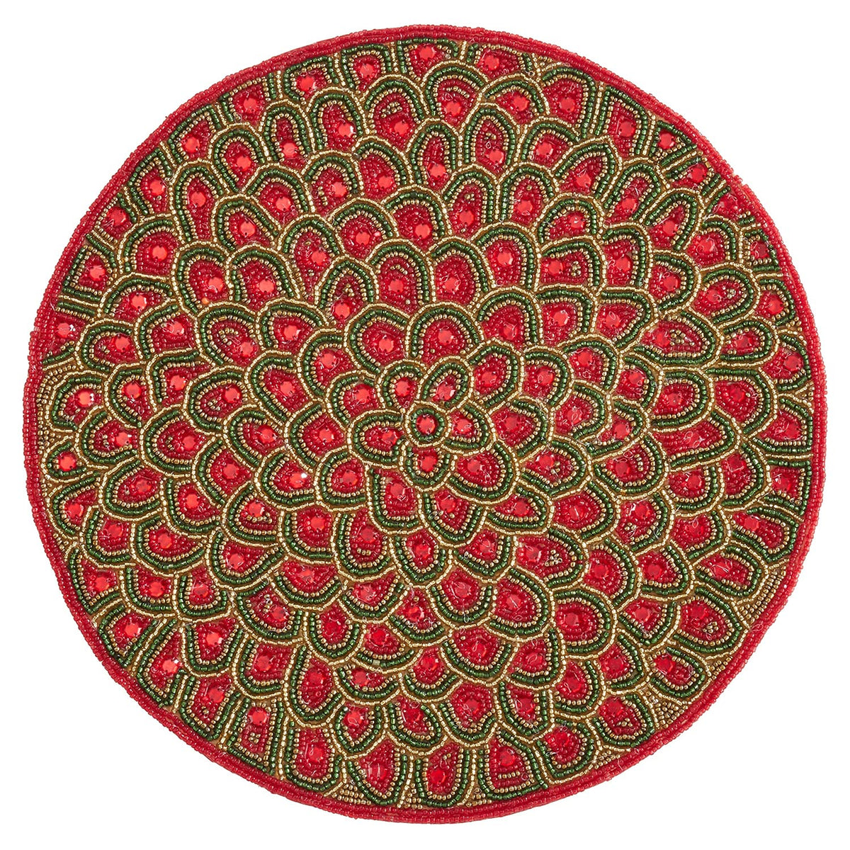 Fennco Styles Jaipur Collection Contemporary Peacock Feathers Glass Beaded 14 x 14 Inch Place Mat – Red Placemat for Banquets, Family Gathering, Special Events and Home Décor