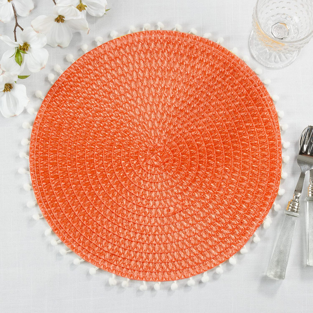 Fennco Styles Pom Pom Textured Placemats 15 Inches Round, Set of 4 – Modern Traycloth Table Mats for Home, Dining Room Décor, Banquets, Indoor & Outdoor and Special Events