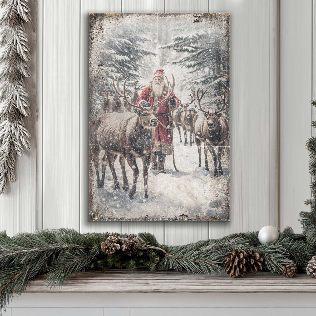 Vintage Woodland Santa Christmas Wall Art