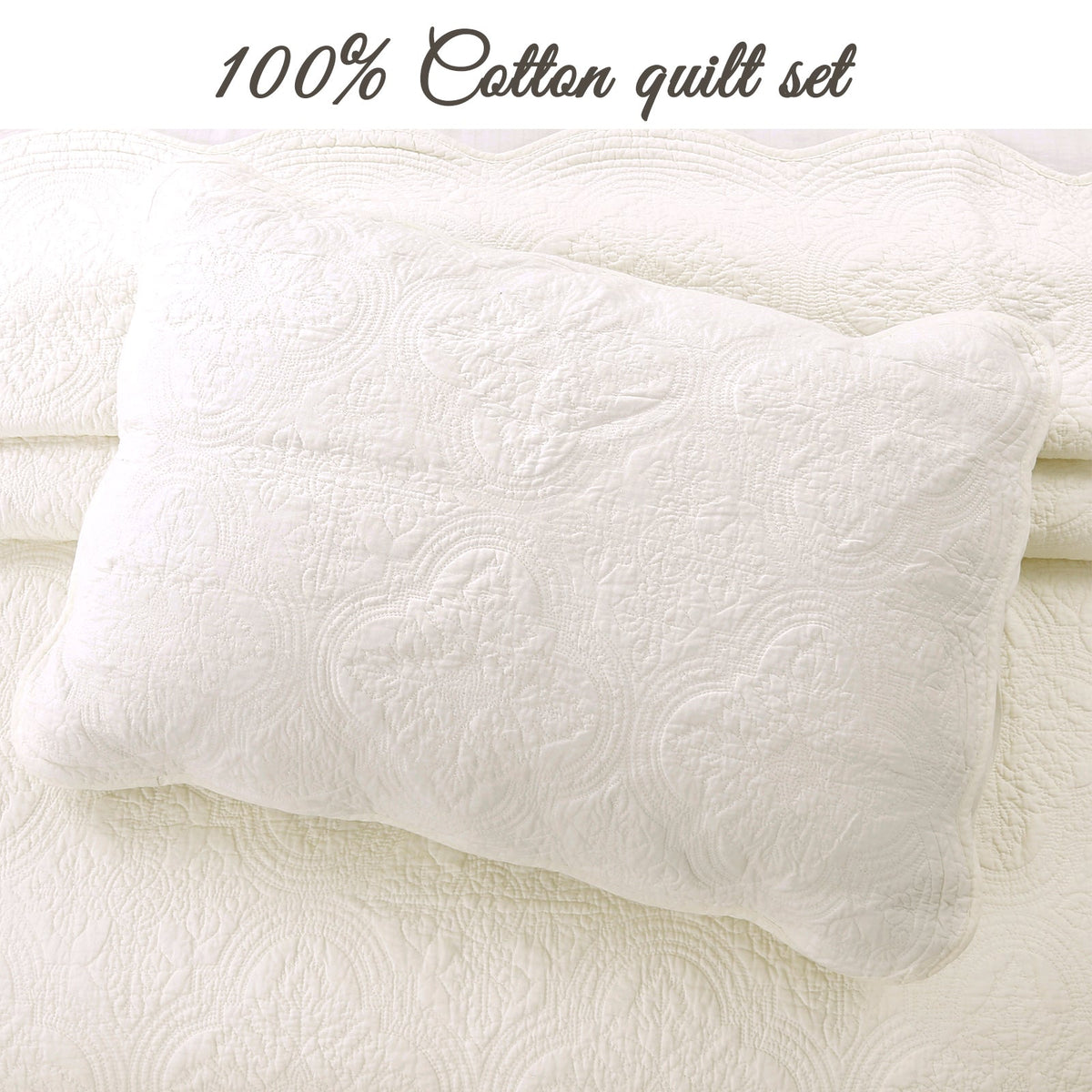 Serenity Ivory Victorian Scalloped Medallion Floral Pure Solid Cotton Reversible Quilt  Bedding Set