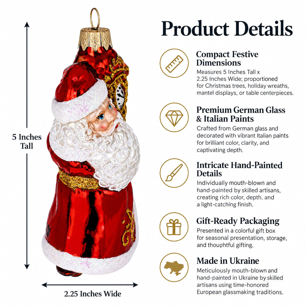 Santa Holding Grandfather Clock Glass Christmas Ornament
