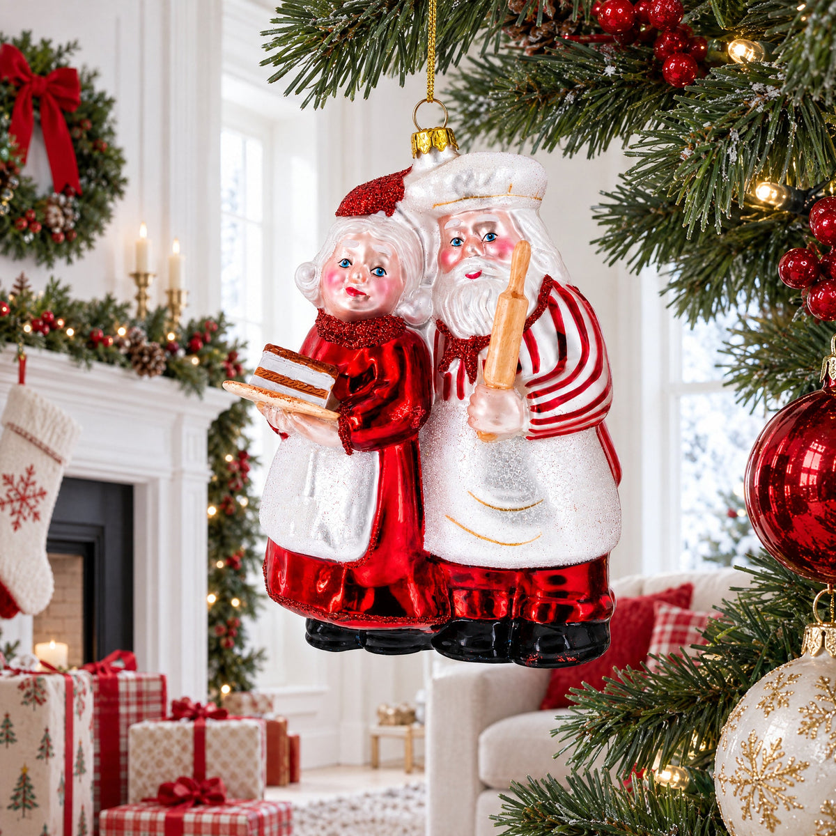 Mr. and Mrs. Santa Baking Cake Glass Christmas Ornament