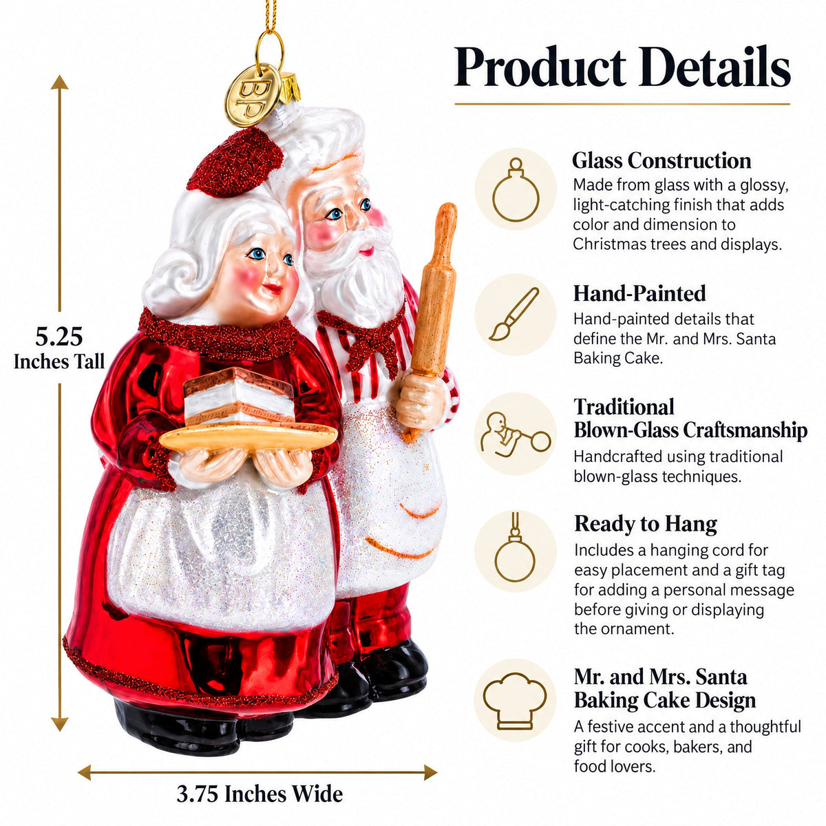 Mr. and Mrs. Santa Baking Cake Glass Christmas Ornament