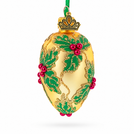 Golden with Holly Leaf and Red Berry Accents Mini Glass Egg Ornament 2.9 Inches