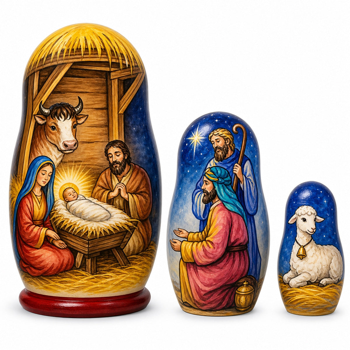 3 Nativity Scene Set Wooden Nesting Dolls 4.25 Inches